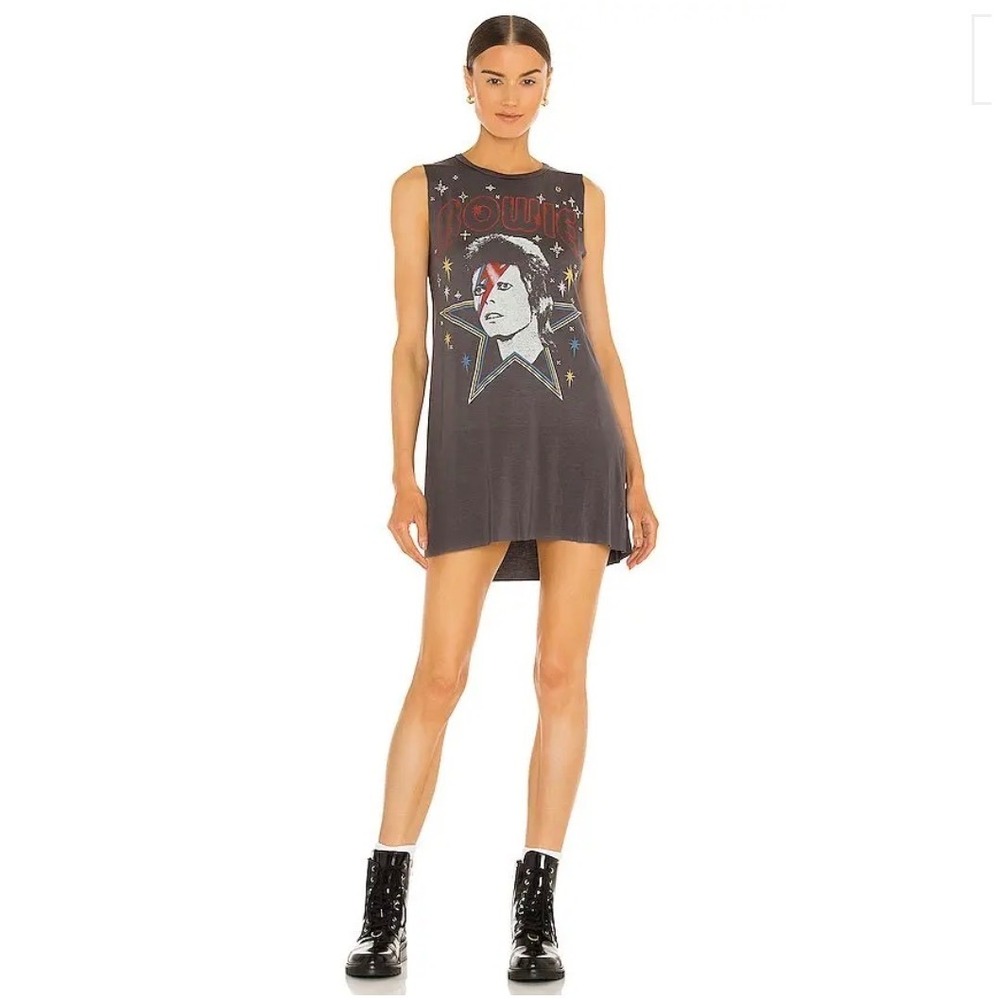 Lauren Moshi Deanna Bowie Dress XS Charcoal Grey Rhinestone Graphic Rocker Tee
